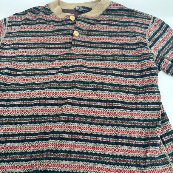 Vintage 90s Polo Ralph Lauren Men Fair Isle Nordic Cotton Shirt Sweater Sz Large - Picture 2 of 7